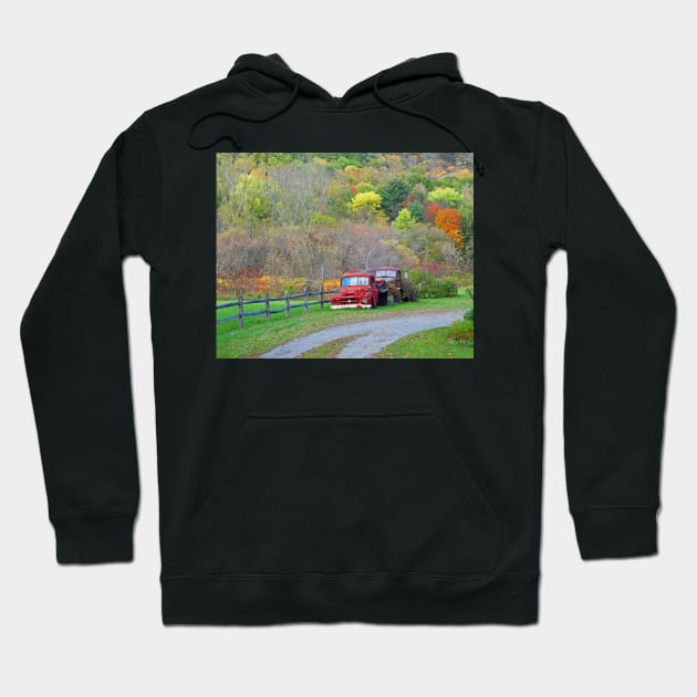 Bethel Vermont VT Old Rusted Trucks New England Foliage Aurumn Trees Hoodie by WayneOxfordPh